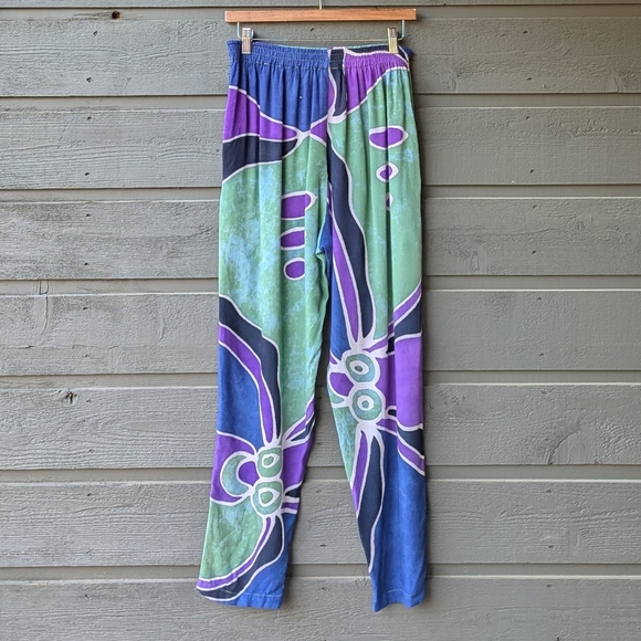 Indonesian Rain Resortwear Flowy Pants Size Small Blue Purple Green Black - Picture 5 of 6